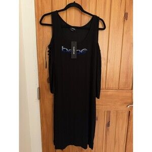 NWT bebe Rhinestone Logo Black Midi Dress Y2K Party Dress Size L Cold Shoulder